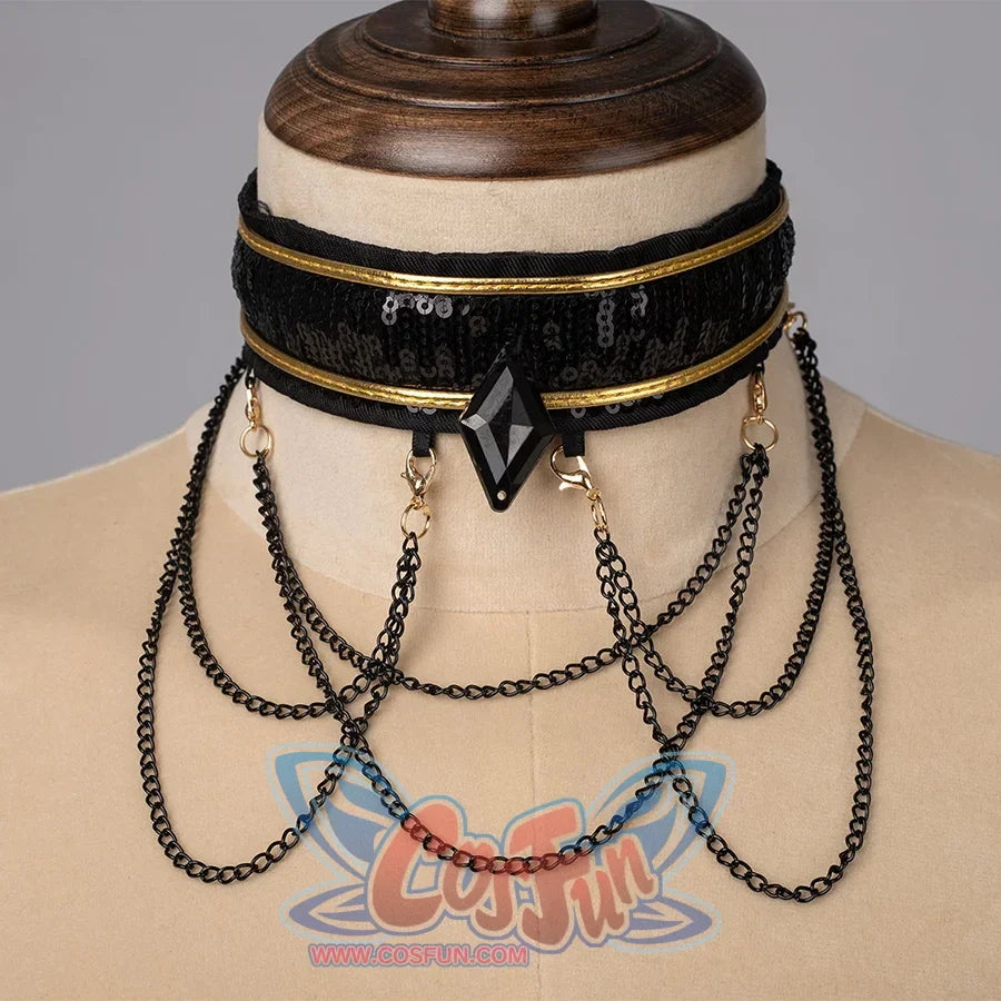 Elegant Mira&#39;s cosplay choker with black sequin band, gold trim, central black diamond pendant, and multiple black chains hanging from gold fittings.
