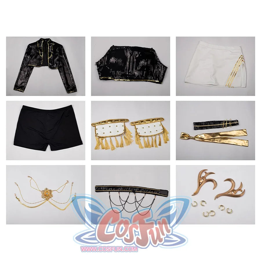 Mira cosplay costume set includes top, jacket, skirt, shoulder accessories, belt, neck accessories, chest accessories, earrings, head accessories