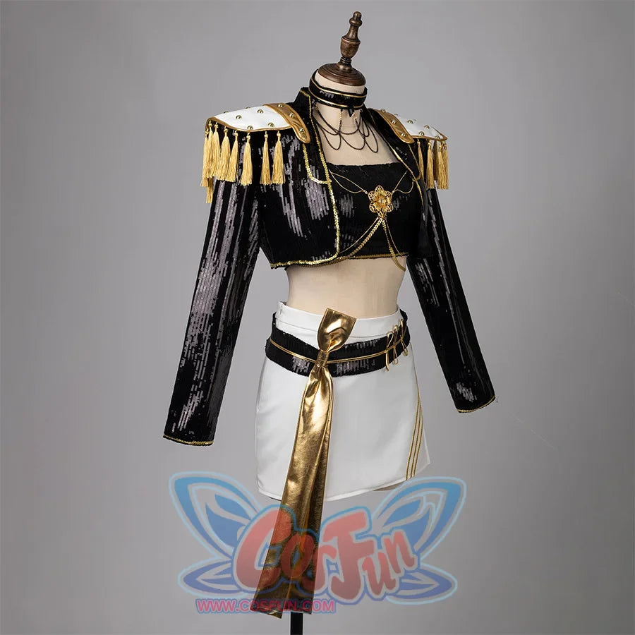 Mira cosplay costume&#39;s side view featuring a black sequin top with white epaulettes, gold studs and tassels, layered necklaces with chest chains and floral accents, paired with a white mini skirt and a black belt with flowing golden ribbons.