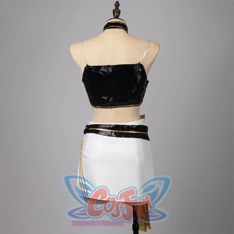 Back view of Mira's cosplay set without jacket, featuring a black sequin strapless top with gold trim, white mini skirt with black sequin belt, gold trim accents on belt and skirt side.