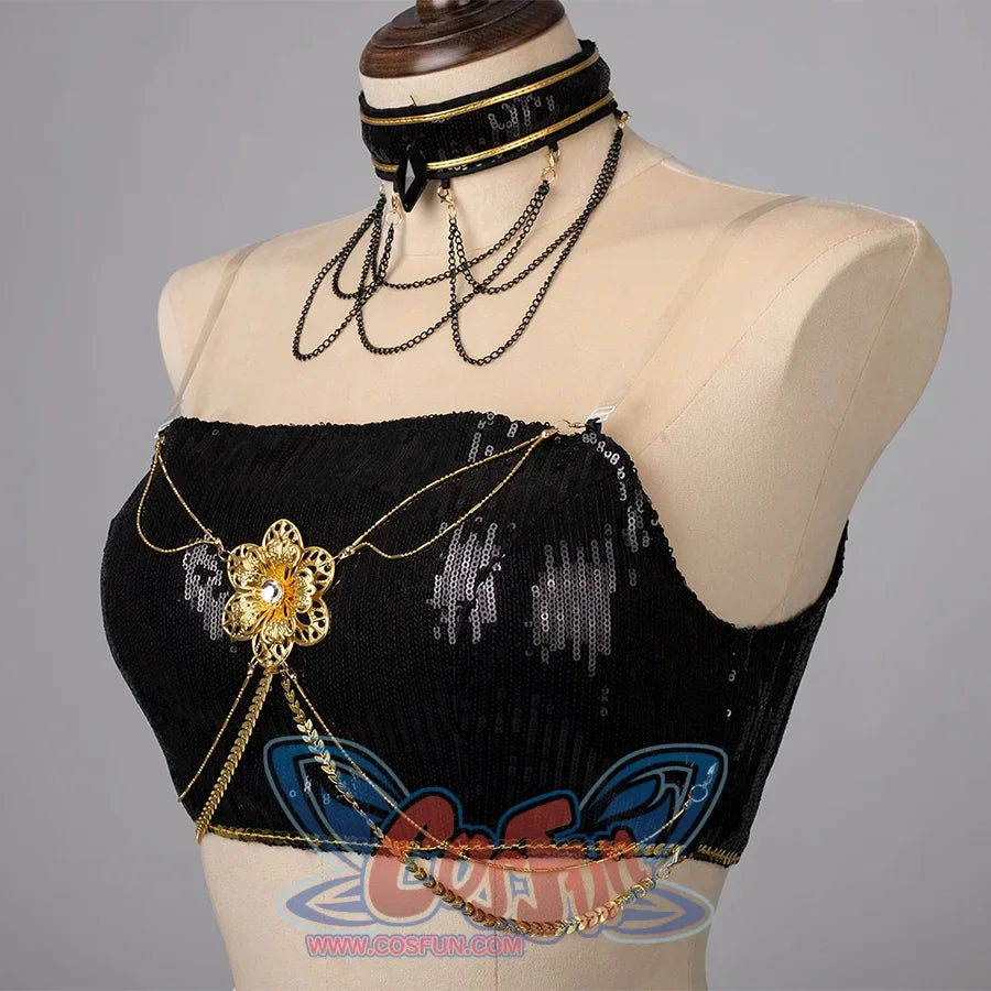 Mira&#39;s cosplay decoration featuring a black sequin tube top with central gold floral ornament and hanging gold chains, paired with black choker with gold trim and dangling black chains.