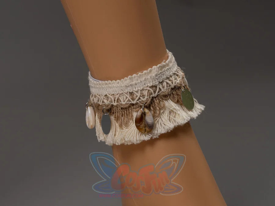 Moana cosplay woven ankle bracelet accessory with cowrie shell and stone charms on a mannequin ankle