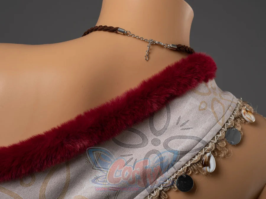 Moana cosplay close-up of back shoulder showing braided necklace, red velvet fuzzy strap, and shell coin fringe trim