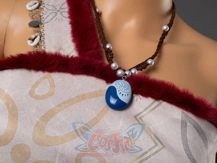 Close-up of Moana cosplay blue stone pendant on braided cord necklace with pearl beads, resting on red fuzzy strap