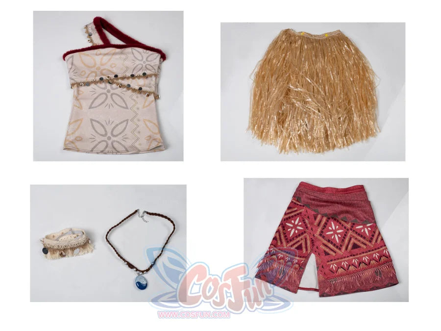 Moana cosplay complete costume set flat lay with all pieces and accessories organized display