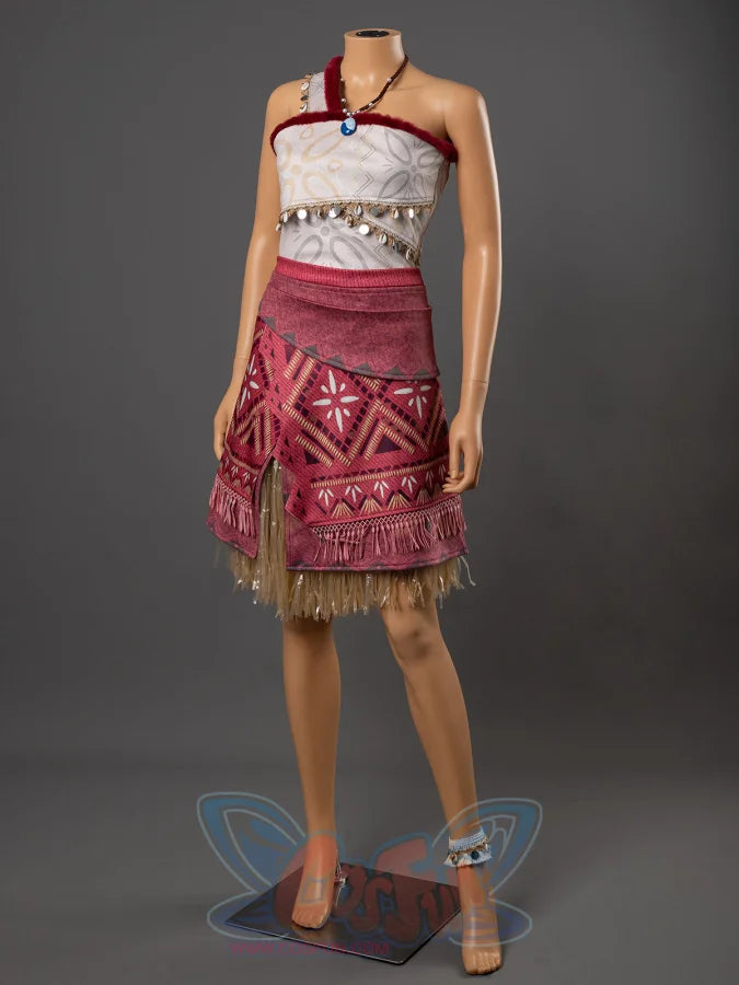 Moana cosplay full costume on mannequin with patterned top, red tribal skirt, gold grass underskirt and accessories