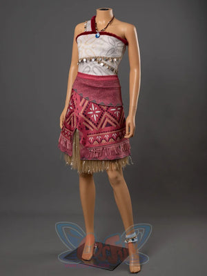 Moana cosplay complete outfit on mannequin shown from a three-quarter angle with red tribal skirt and accessories