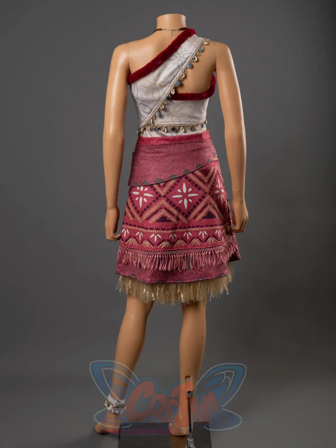Back view of Moana cosplay costume on mannequin showing open-back top with red strap and red tribal skirt with fringe