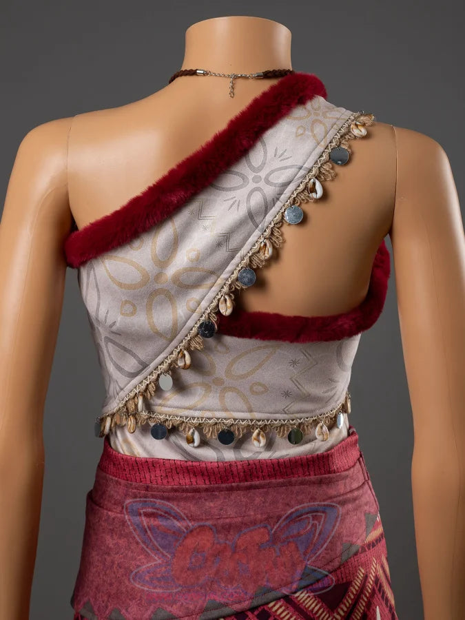 Back view of Moana cosplay patterned top on mannequin showing open back, red velvet strap and shell coin fringe hem