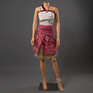 Moana cosplay full costume on mannequin with patterned top, red tribal skirt, gold grass underskirt and accessories