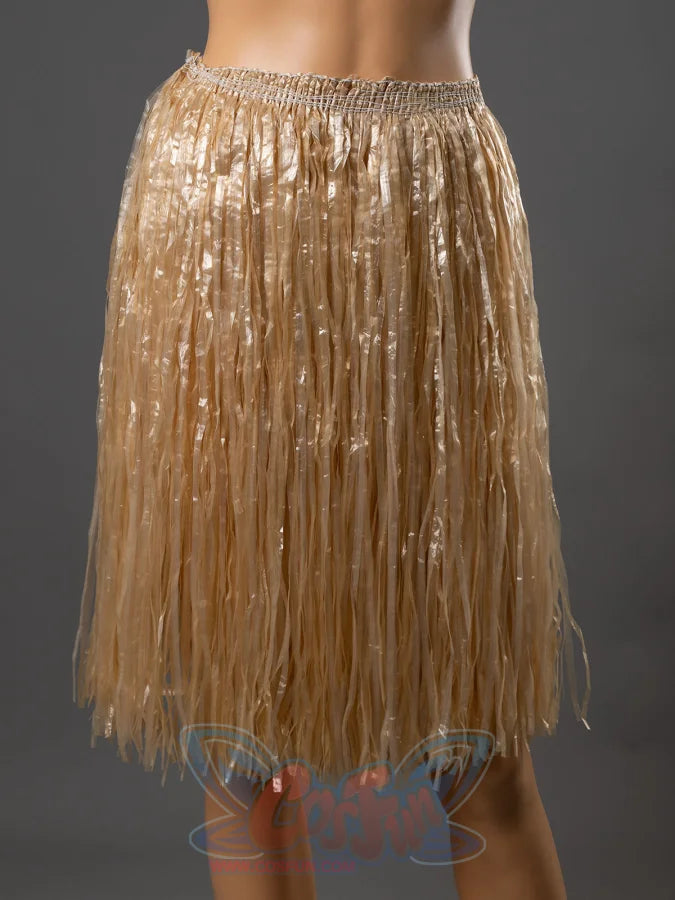 Moana cosplay gold grass fringe skirt accessory displayed alone on mannequin, worn as an underskirt in the full costume