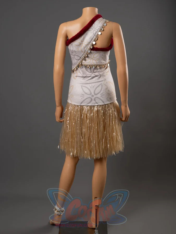 Back view of Moana cosplay grass skirt outfit on mannequin with patterned open-back top and gold fringe skirt
