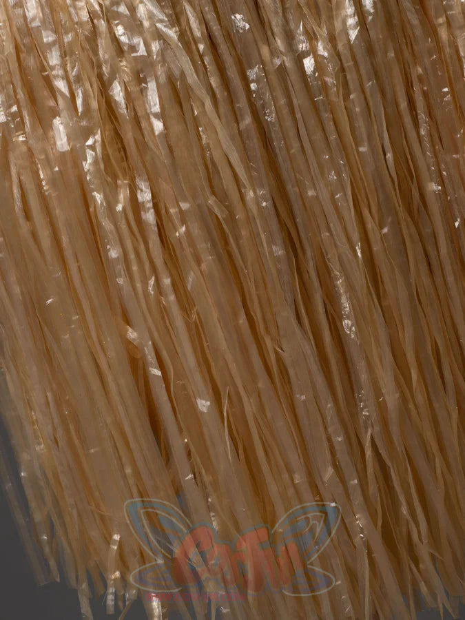 Close-up texture of the Moana cosplay grass skirt showing shiny gold flat ribbon-like raffia fringe strands