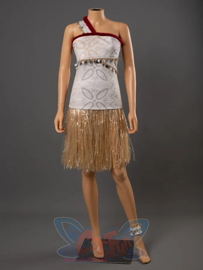 Moana cosplay costume on mannequin with patterned top, red velvet strap, and gold grass fringe skirt with ankle bracelet