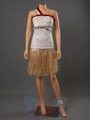 Moana cosplay costume on mannequin with patterned top, red velvet strap, and gold grass fringe skirt with ankle bracelet