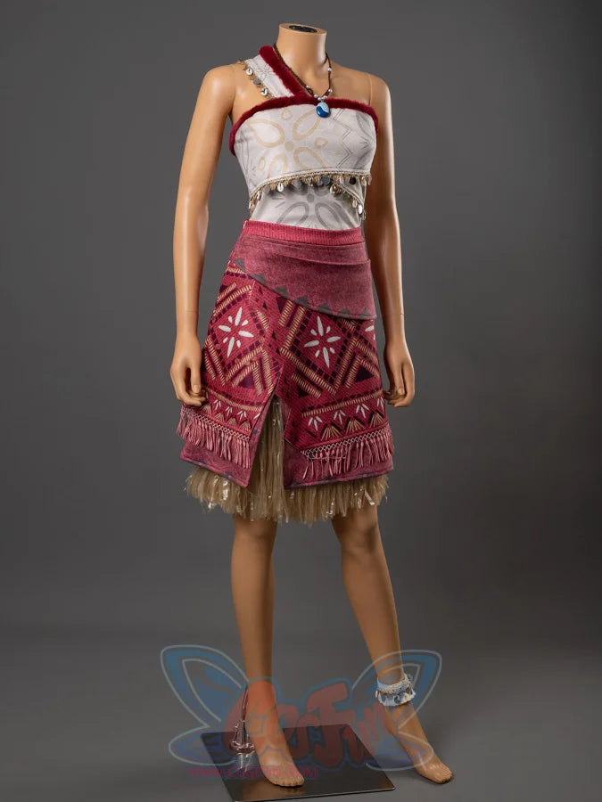Moana cosplay island princess full costume on mannequin, front view with red tribal skirt and shell coin waist trim