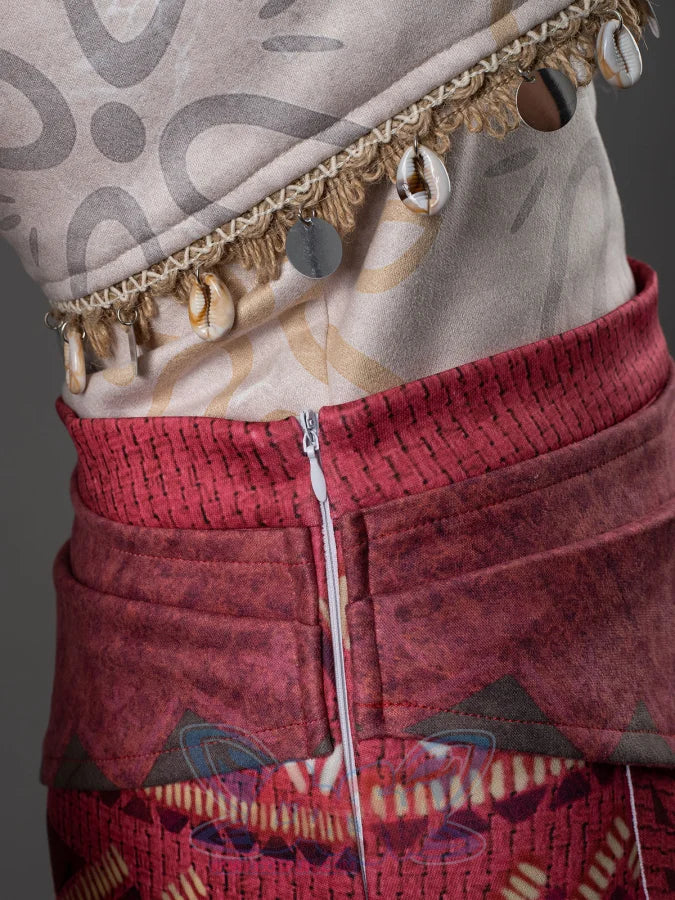 Moana cosplay red tribal skirt showing the side zipper closure and shell coin fringe trim on the top hem above