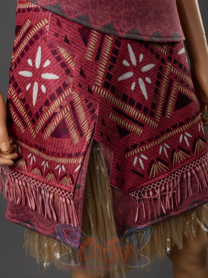 Moana cosplay red wrap skirt close-up with bold geometric Polynesian tribal print and pink tassel fringe hem