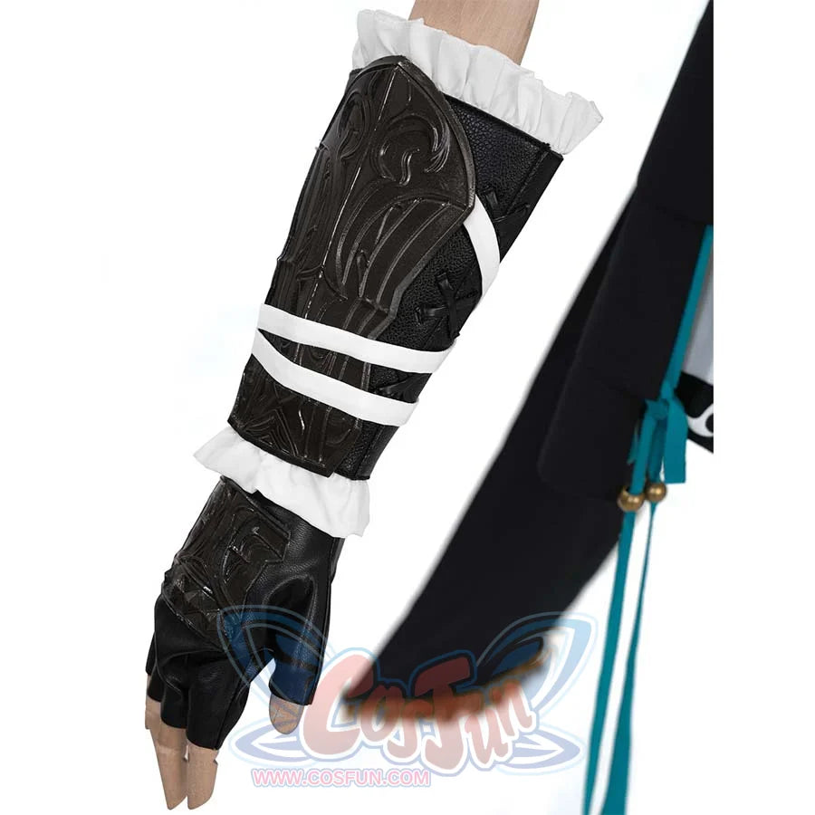 A black arm guard with white frills and straps, paired with a matching fingerless glove. Intricate patterns on the leather - like material add to the costume’s authenticity.