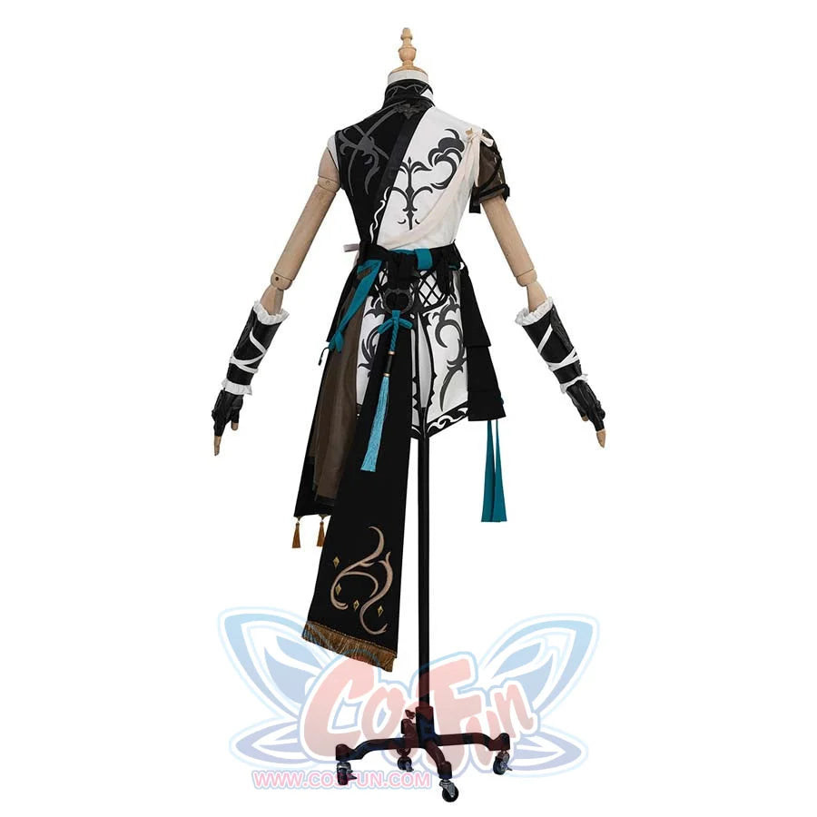 Back view of the Monk Cosplay Costume. It reveals the intricate patterns on the back of the top, the asymmetrical hem, and the detailed accessories hanging down.