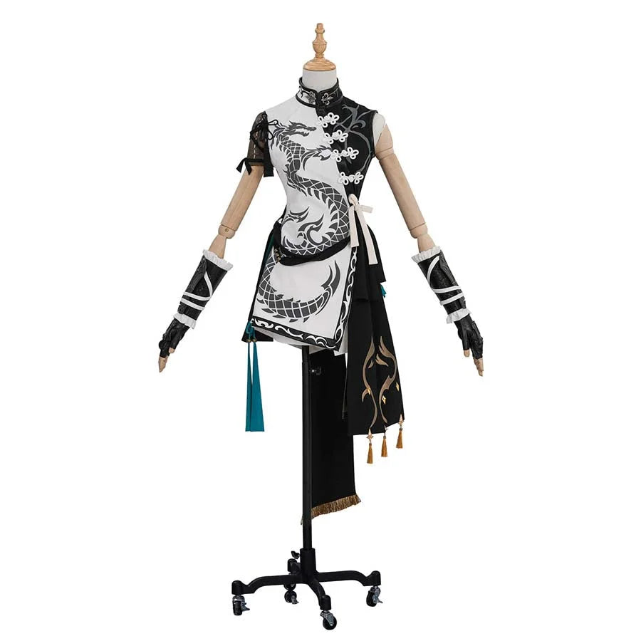 The Monk Cosplay Costume is displayed on a mannequin. It features a white and black top with a dragon pattern, asymmetrical design, and matching accessories like arm guards and hanging ornaments.