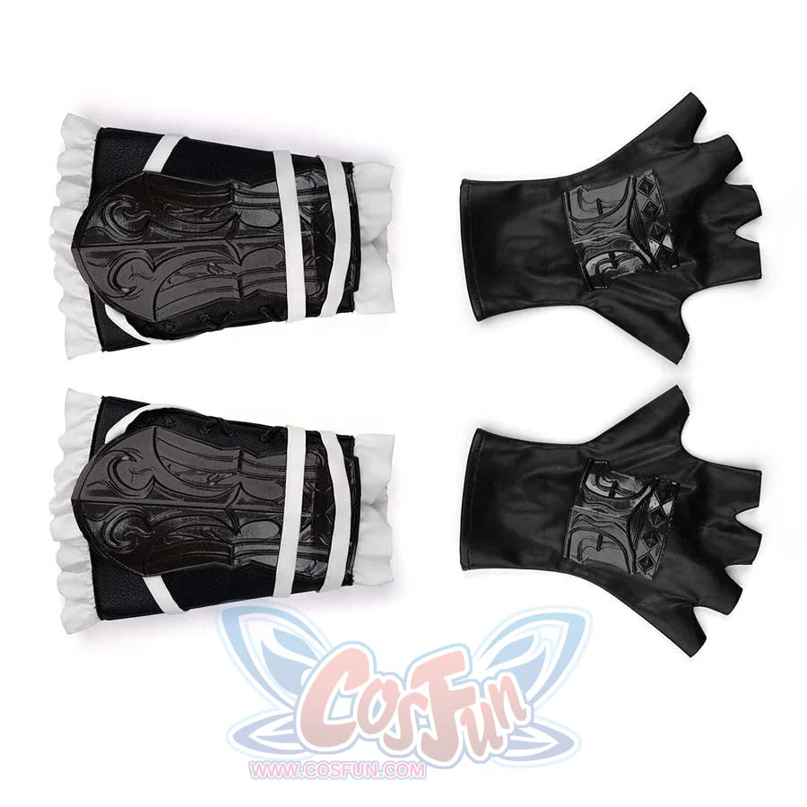 A set of black arm guards with white frills and straps, and matching fingerless gloves. The detailed patterns on the guards enhance the costume’s overall look.