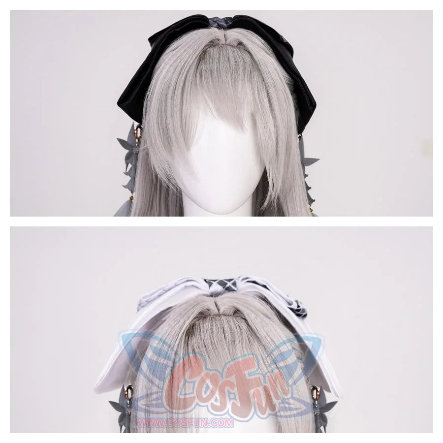 wo views of a gray cosplay wig with a black and a white headpiece. The headpieces have decorative elements, complementing the Monk Cosplay Costume.