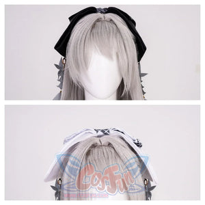 wo views of a gray cosplay wig with a black and a white headpiece. The headpieces have decorative elements, complementing the Monk Cosplay Costume.