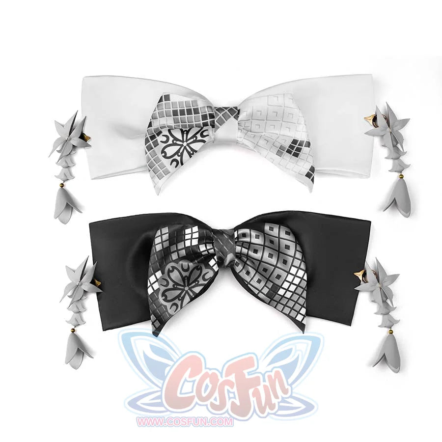 Two bow hair accessories, one white and one black, with gray patterned centers and dangling decorative pieces. Add a charming touch to the cosplay ensemble.