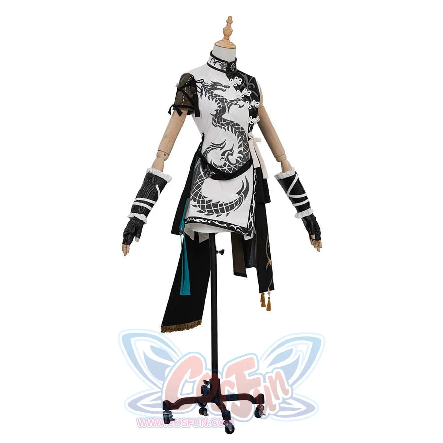 Another front view of the costume, showing slight changes in accessory arrangement. The dragon - printed top and unique sleeve design are prominent.