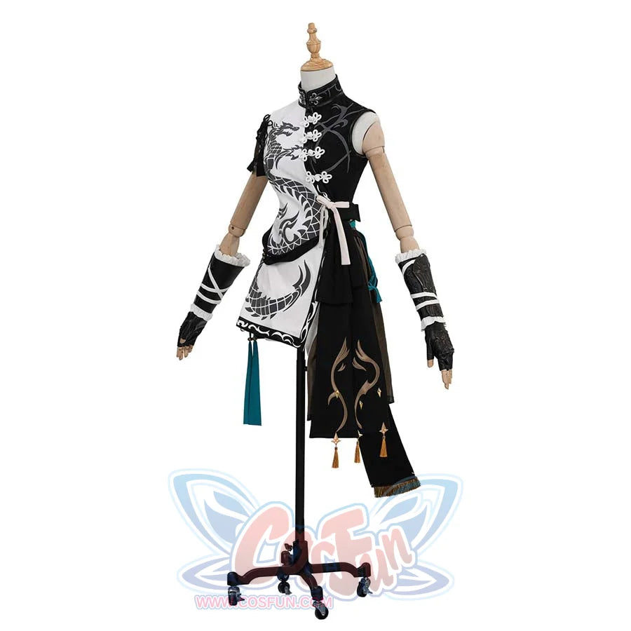 Another side view of the costume, showing slight changes in accessory arrangement. The dragon - printed top and unique sleeve design are prominent.