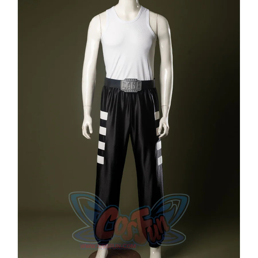 A white sleeveless round-neck base shirt, black pants with white stripe accents on the sides.