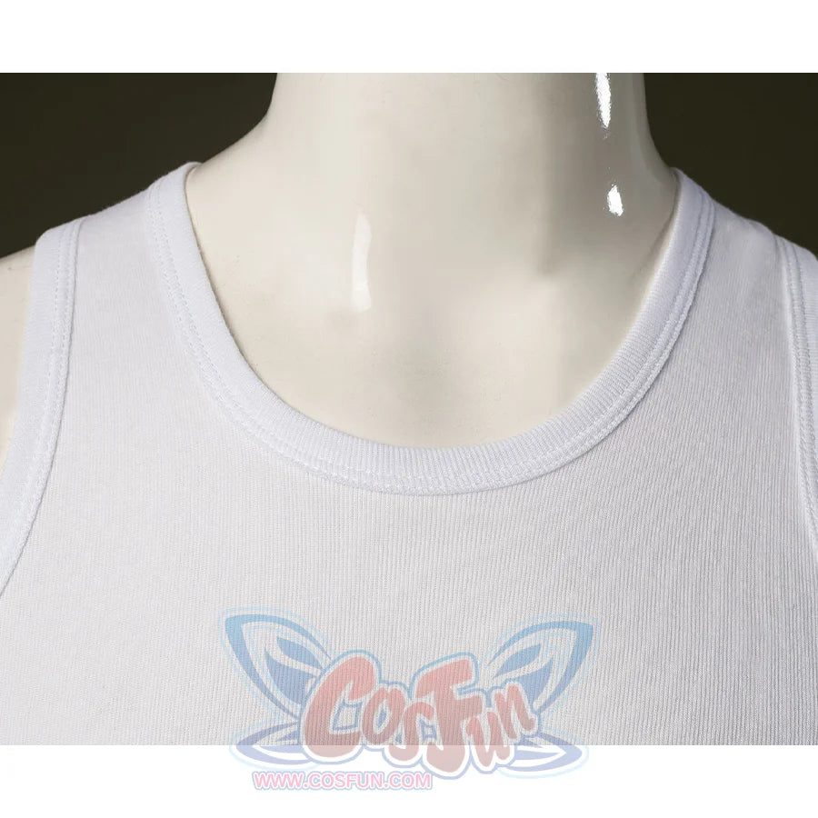 A classic white sleeveless round-neck shirt that provides a clean contrast against the colorful jacket.