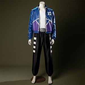 Mortal Kombat II Johnny Cage cosplay outfit consists of a blue-purple jacket, a white base shirt, and black pants.