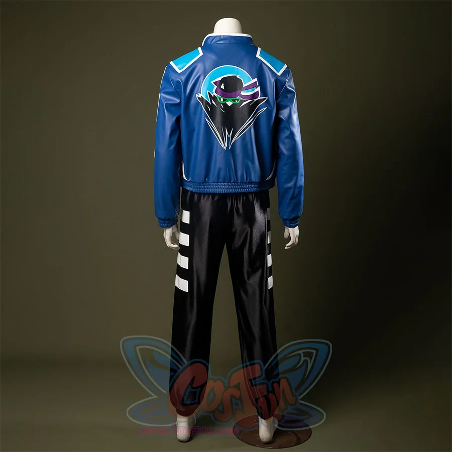 A mysterious masked figure set against a blue circular background, wearing a purple headband and green visor.