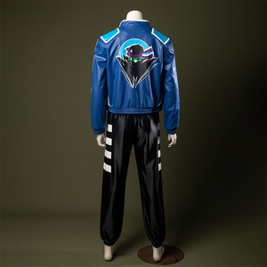 A mysterious masked figure set against a blue circular background, wearing a purple headband and green visor.