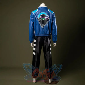 A mysterious masked figure set against a blue circular background, wearing a purple headband and green visor.