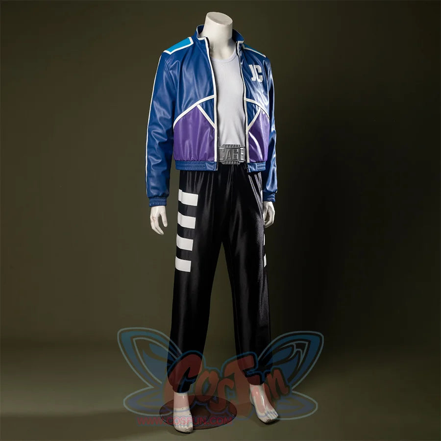 Jacket made of glossy leather-like material in blue and purple color blocking, with a stand-up collar and white zipper detailing.
