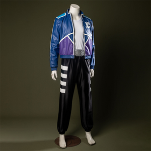 Jacket made of glossy leather-like material in blue and purple color blocking, with a stand-up collar and white zipper detailing.