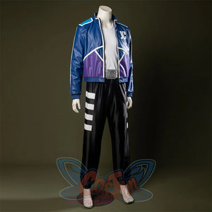 Jacket made of glossy leather-like material in blue and purple color blocking, with a stand-up collar and white zipper detailing.