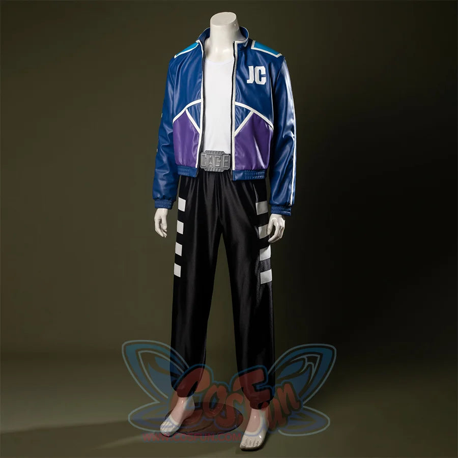 A white sleeveless round-neck base shirt, black pants with white stripe accents on the sides.