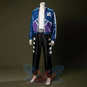 A white sleeveless round-neck base shirt, black pants with white stripe accents on the sides.