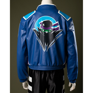 A mysterious masked figure set against a blue circular background, wearing a purple headband and green visor.