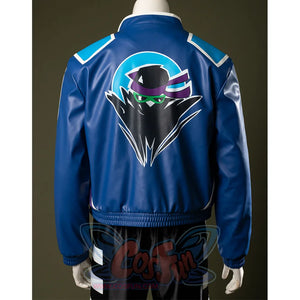 A mysterious masked figure set against a blue circular background, wearing a purple headband and green visor.