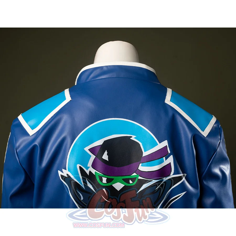 The combination of purple, green, and blue creates a vibrant contrast, with sharp lines and a dynamic composition.