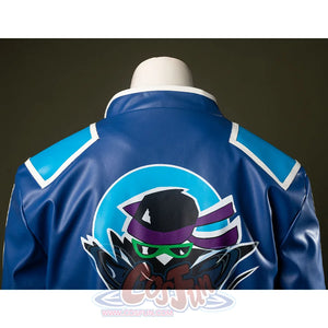 The combination of purple, green, and blue creates a vibrant contrast, with sharp lines and a dynamic composition.