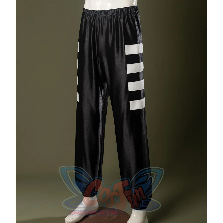 Black pants with white stripe accents on the sides and elastic cuffs for mobility and shape.