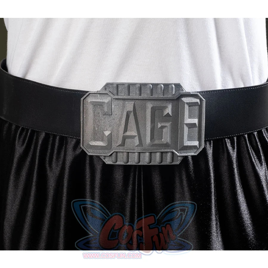 Black belt with a metallic-looking belt buckle embossed with “CAGE”.