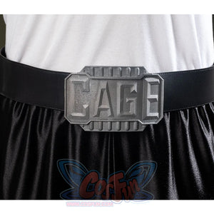 Black belt with a metallic-looking belt buckle embossed with “CAGE”.