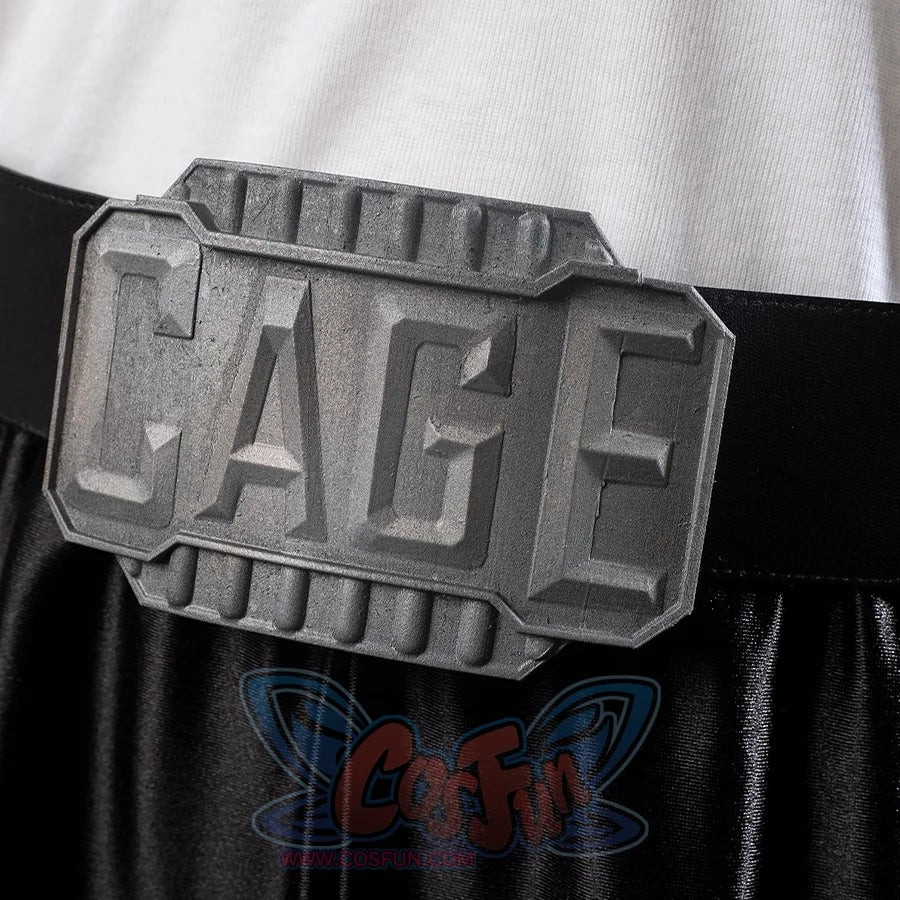 Belt buckle embossed with “CAGE”, highlighting the character’s signature style.